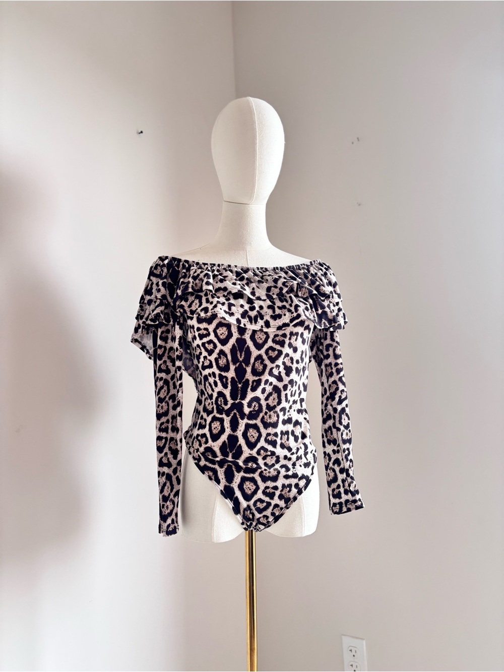 Polly Esther Vintage Y2K NWT Leopard Print Off The Shoulder Body Suit M